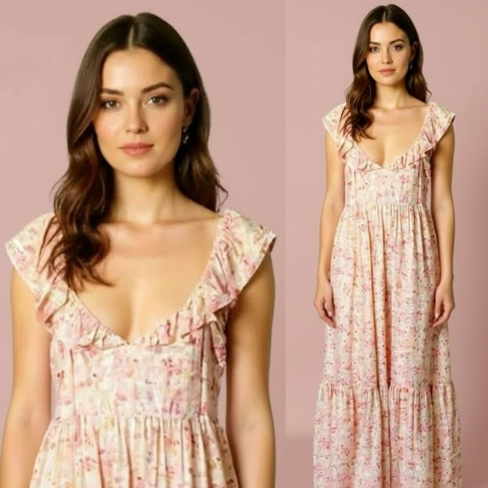 H&M Pink Floral Cottagecore Garden Linen Blend Blogger Fav Maxi Dress Size Large